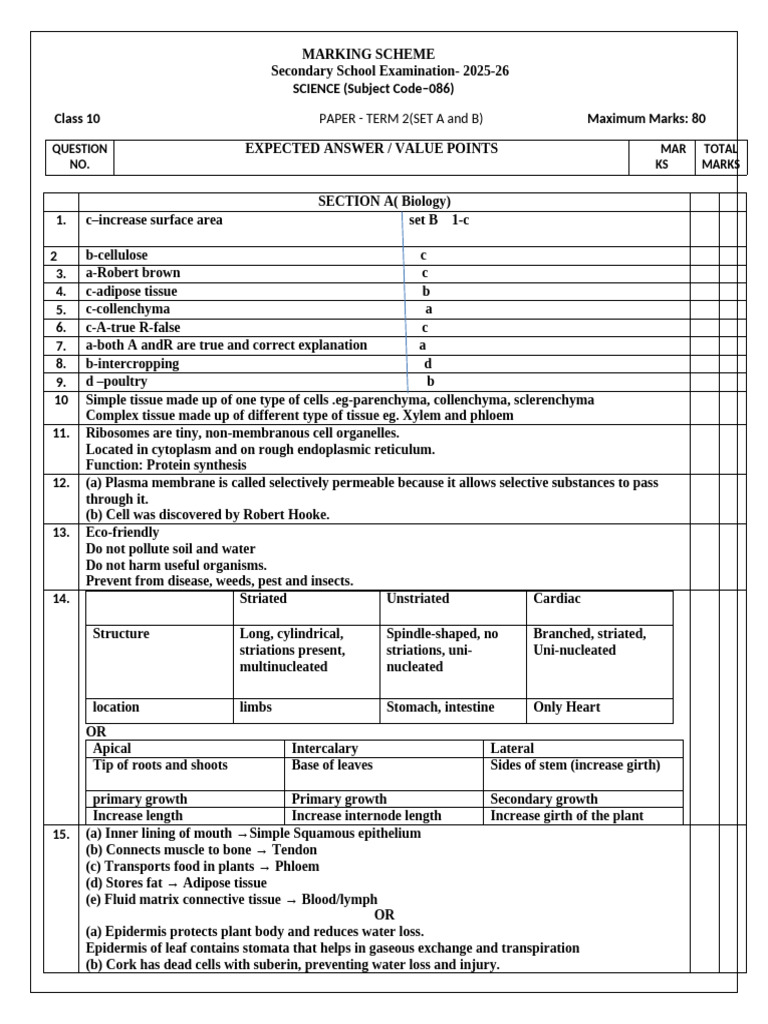 Class 9 Science-Marking Scheme - Annual Exam (Set A and B) | PDF ...