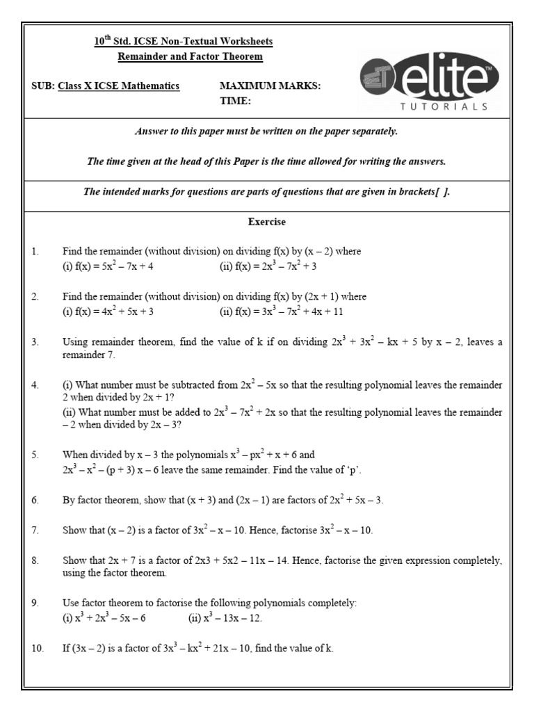 CH 8 Remainder and Factor Theorem | PDF | Factorization | Mathematics