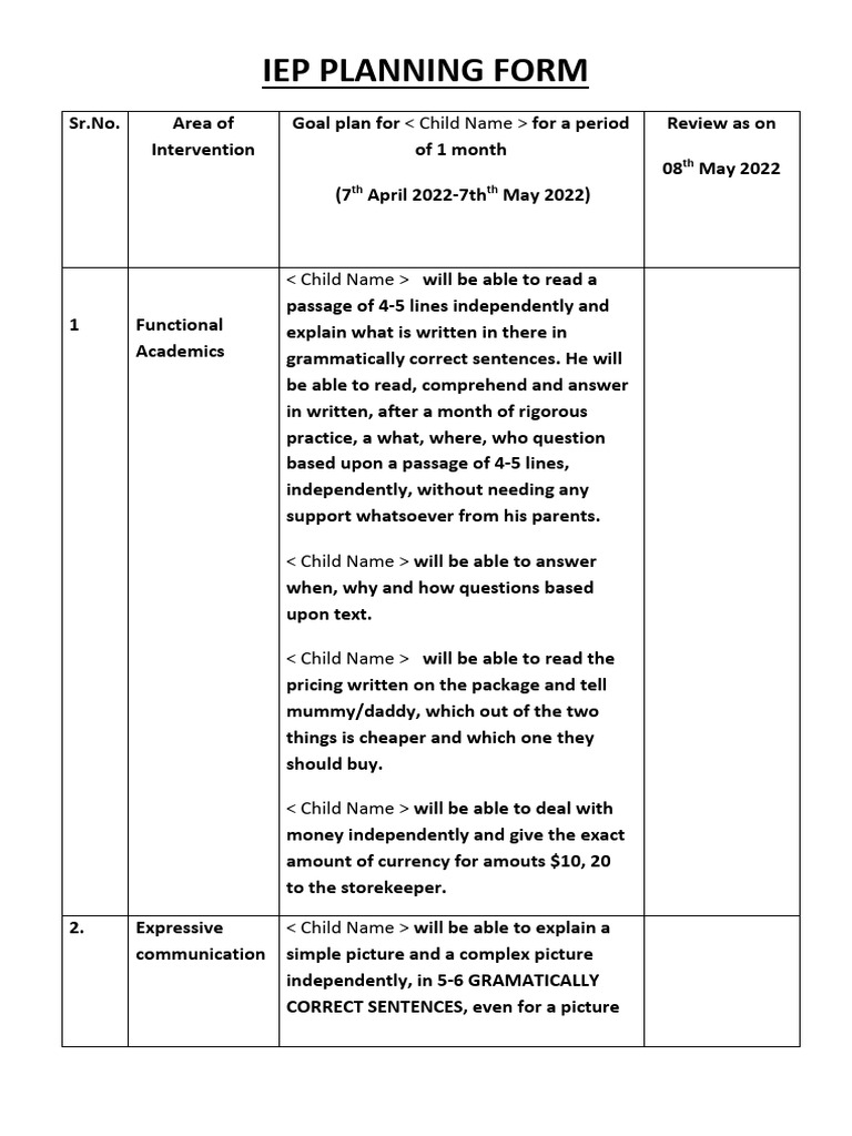 Iep Planning Form Example | PDF