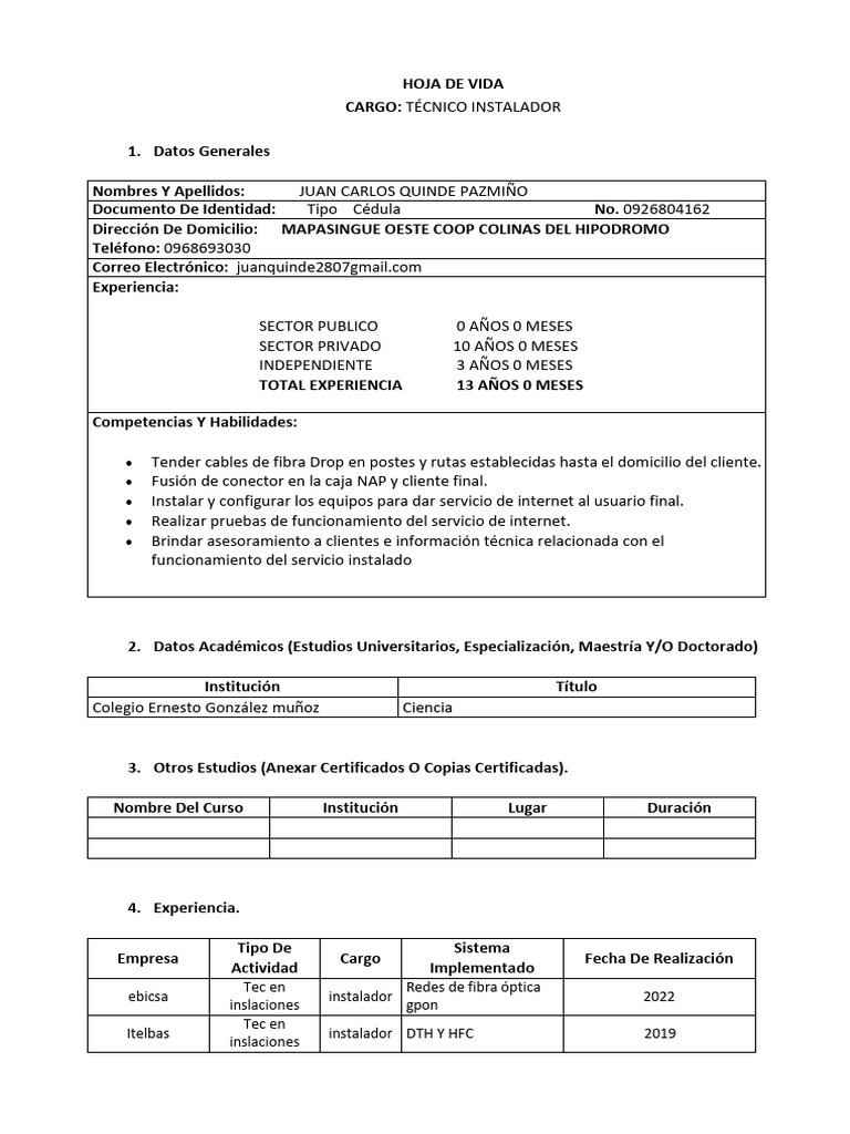 Modelo - CV - Técnico Instalador - Juan Quinde Pazmiño | PDF | Internet ...