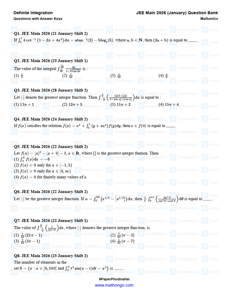 Definite Integration - JEE Main 2026 (Jan) - MathonGo | PDF | Abstract ...