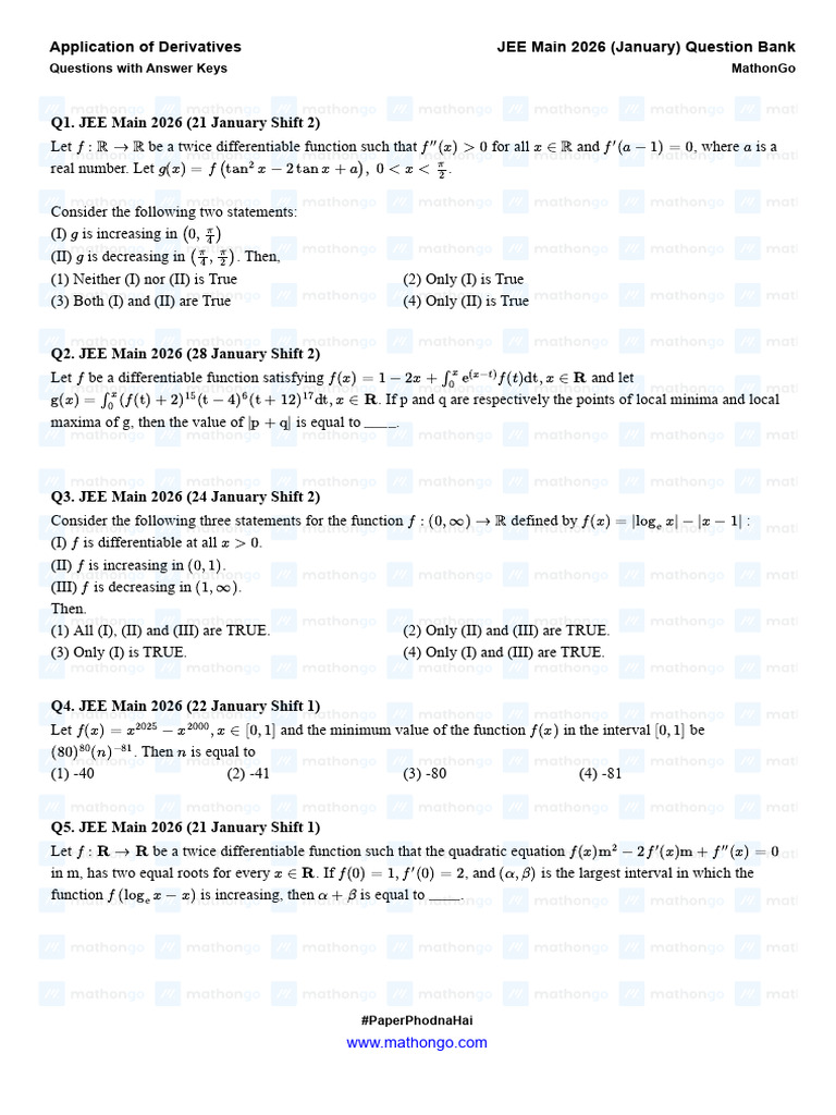 Application of Derivatives - JEE Main 2026 (Jan) - MathonGo | PDF ...