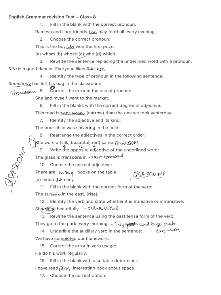 English Grammar Revision Test - Class 8 | PDF