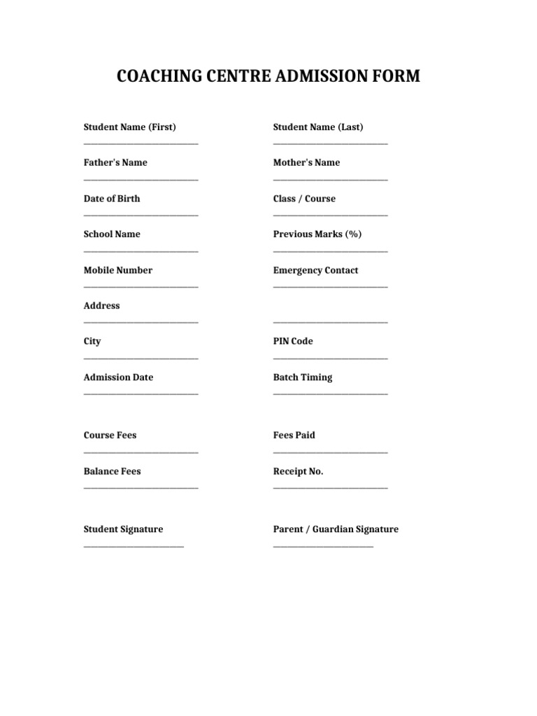 Professional Coaching Admission Form | PDF