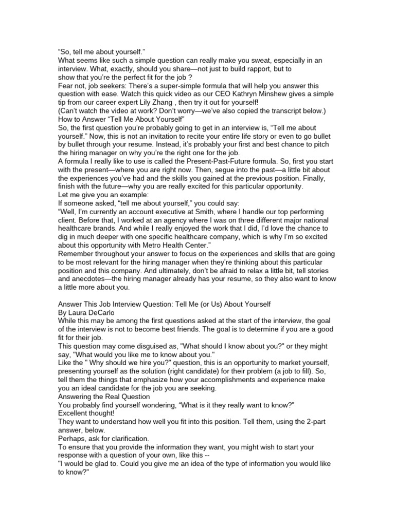 Tell Me About Yourself Queston | PDF | Job Interview