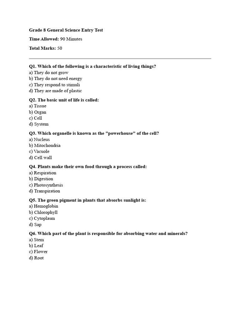 General Science - Grade 8 Entrance Test | PDF | Earth | Atmosphere