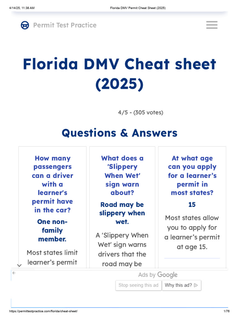 Florida DMV Permit Cheat Sheet (2025) | PDF | Traffic | Department Of ...