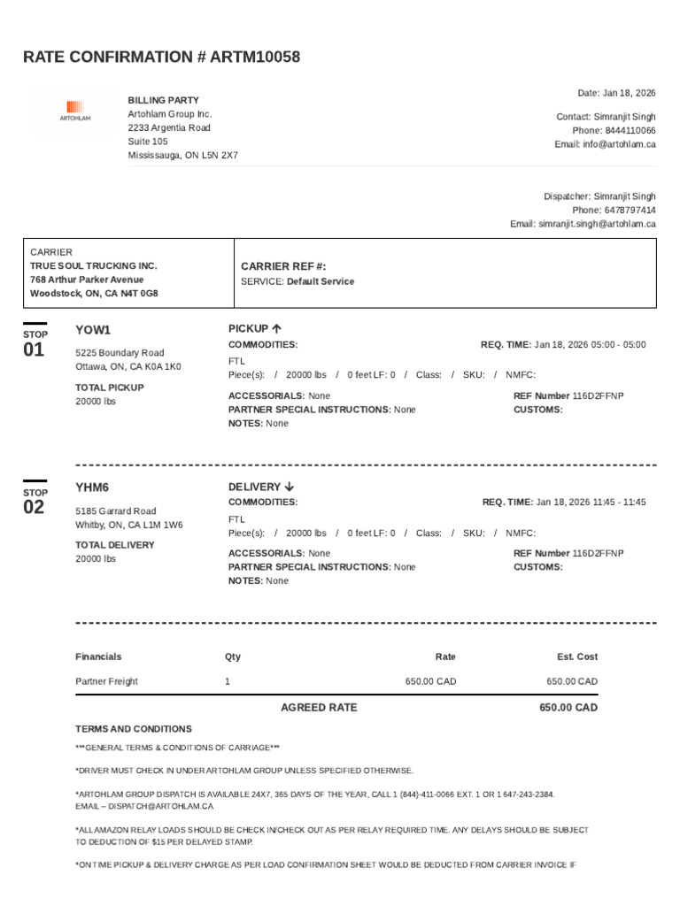 ARTM10058 Rate Confirmation | PDF | Cargo | Receipt