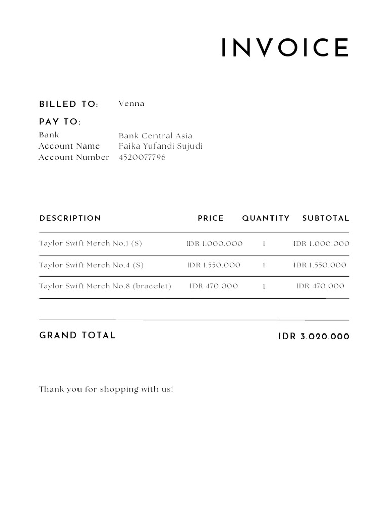 Invoice Taylor Swift Merch - Venna | PDF