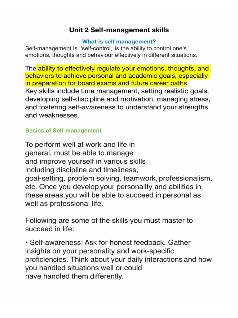 Unit 2 Self Management | PDF