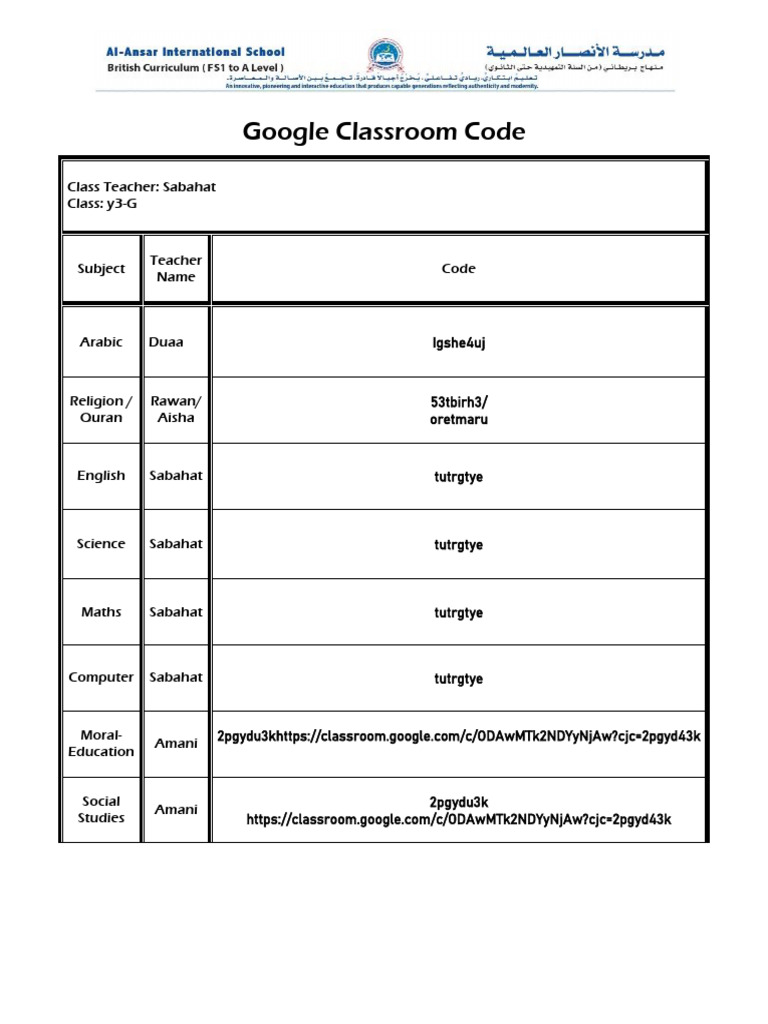 Google Classroom Codes Yr 3G | PDF