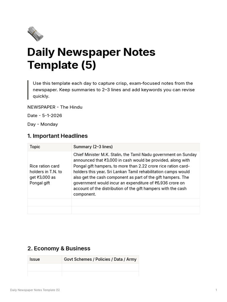 Daily Newspaper Notes Template (5) - 2 | PDF | International Relations
