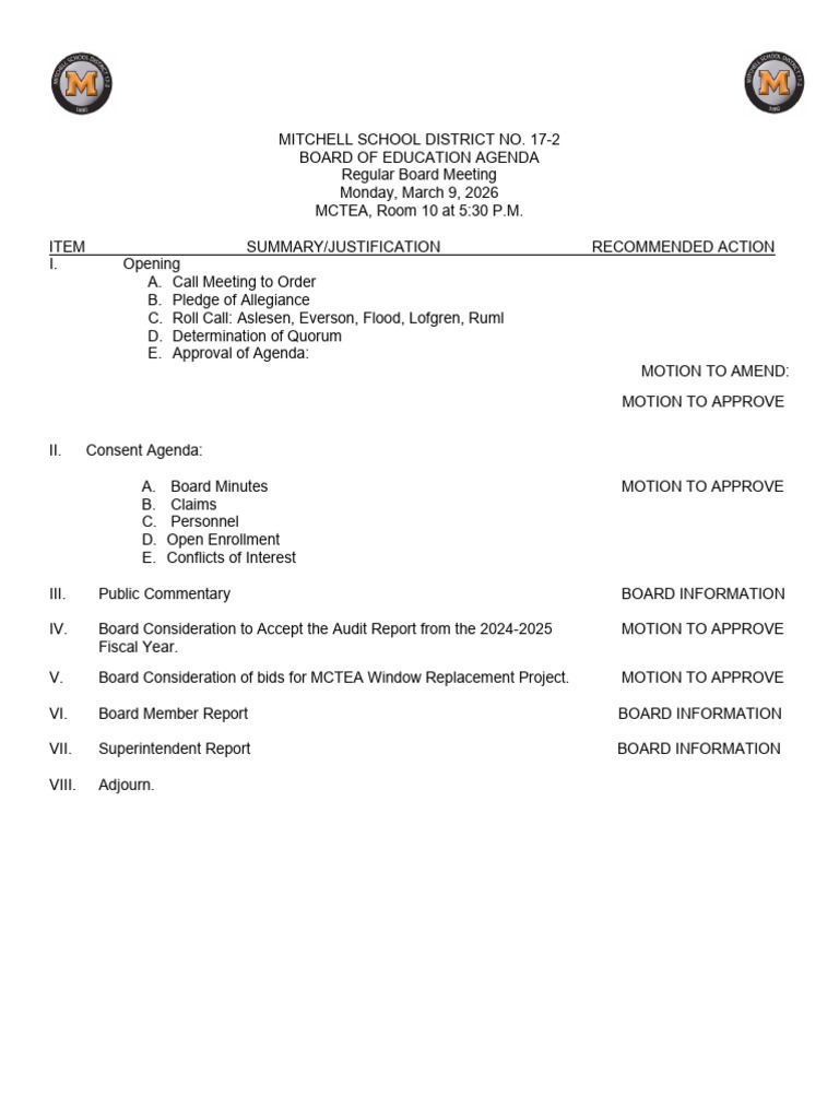 Mitchell Board of Education March 9 2026 Meeting Agenda | PDF | Fund ...