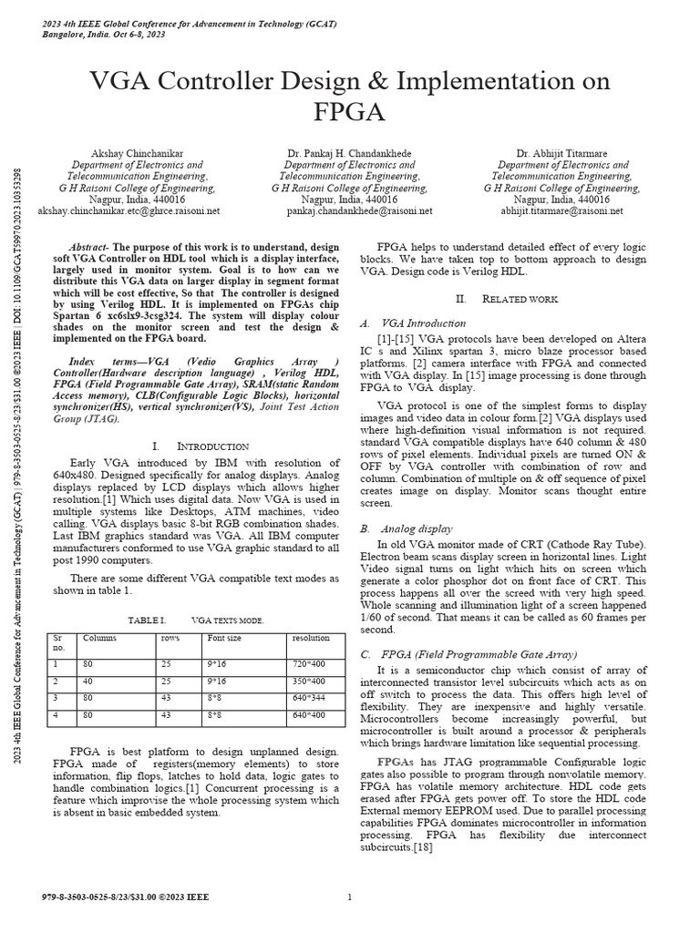 VGA Controller Design Amp Implementation on FPGA | PDF | Field ...