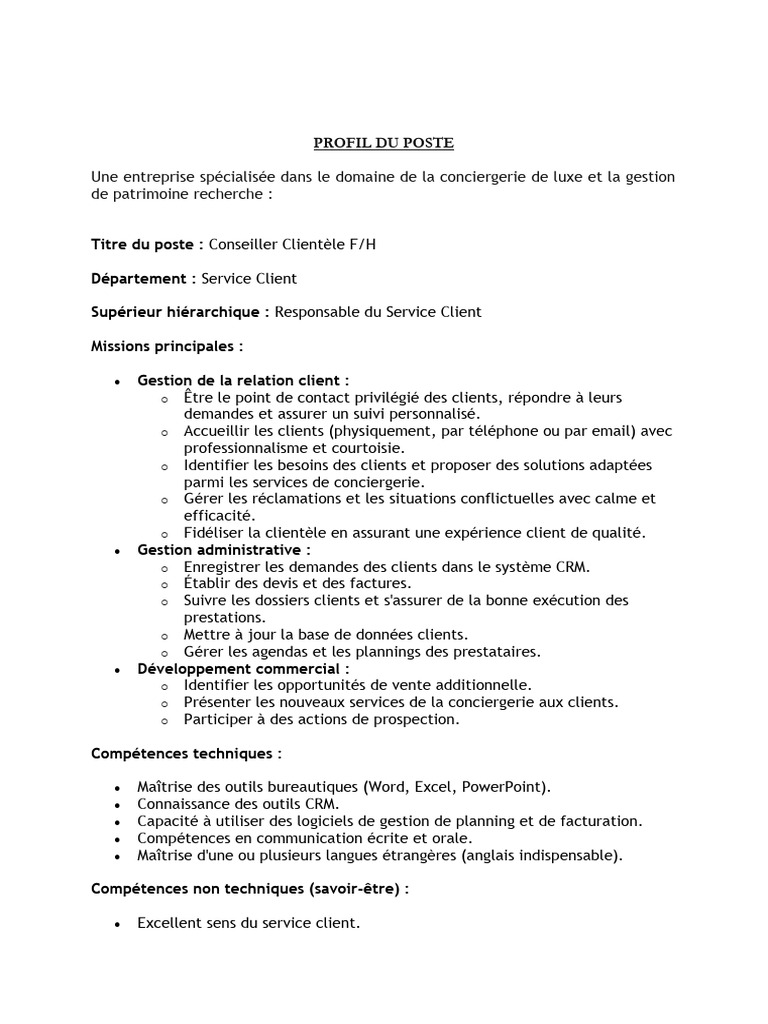 Profil Poste Conseiller Clientele | PDF | Gestion de la relation client ...