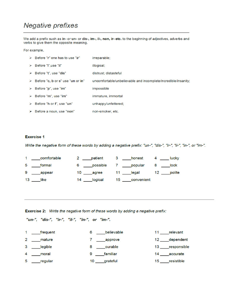 Negative Prefixes Exercises | PDF