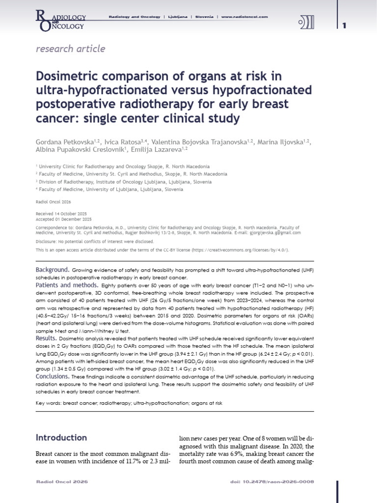 Dosimetric Comparison of Organs at Risk in Ultra-Hypofractionated ...