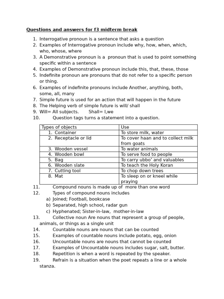 Questions and Answers For f3 Midterm Break | PDF | Pronoun | Noun