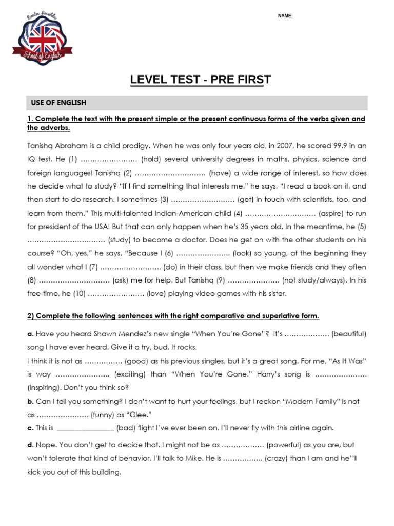 Level Test Pre First 2026 | PDF | Linguistics