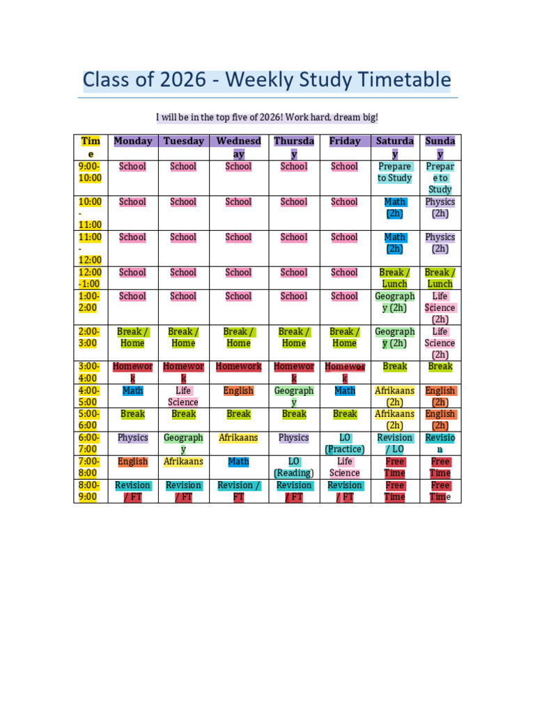Study Time Table | PDF | Homework | Learning Methods