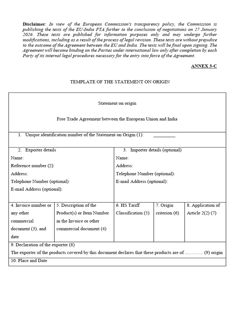 ANNEX 3-C Template of The Statement On Origin | PDF