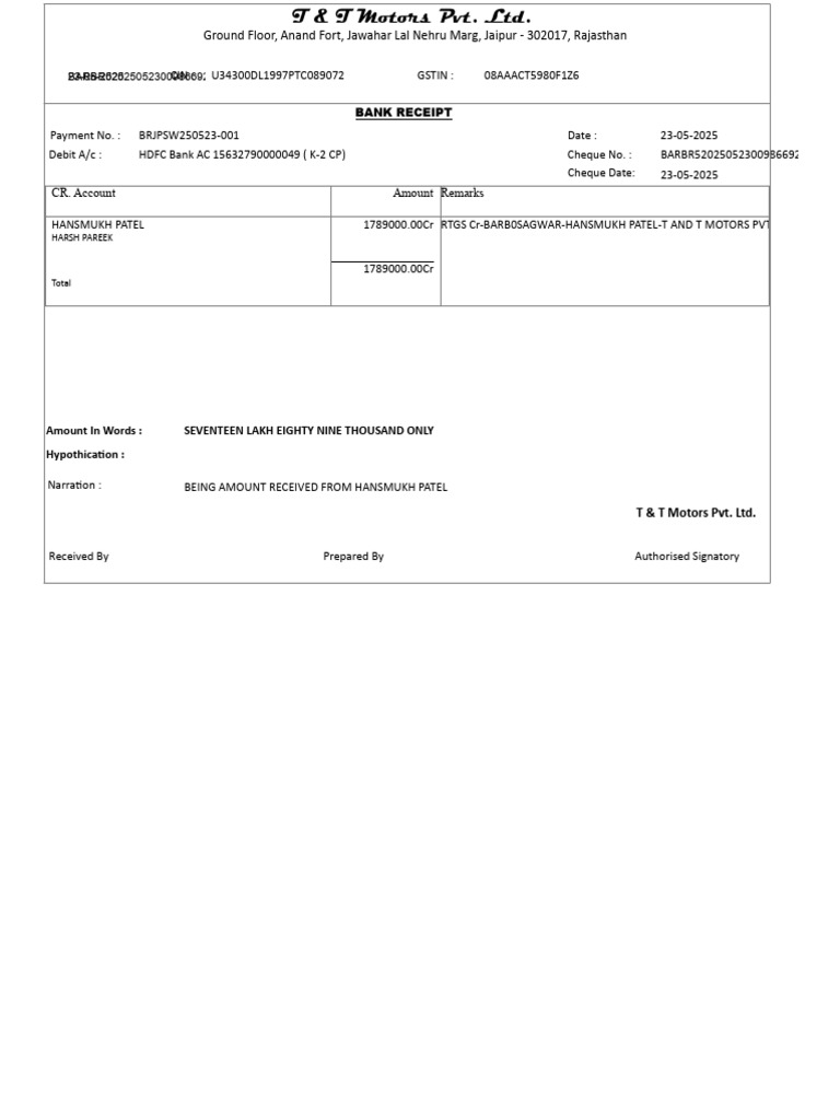 Hansmukh Patel RTGS RECEIPT | PDF