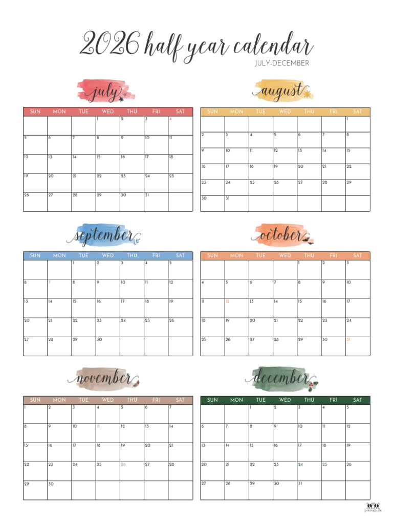 Printable Six Month July December 2026 Calendars 5 P | PDF