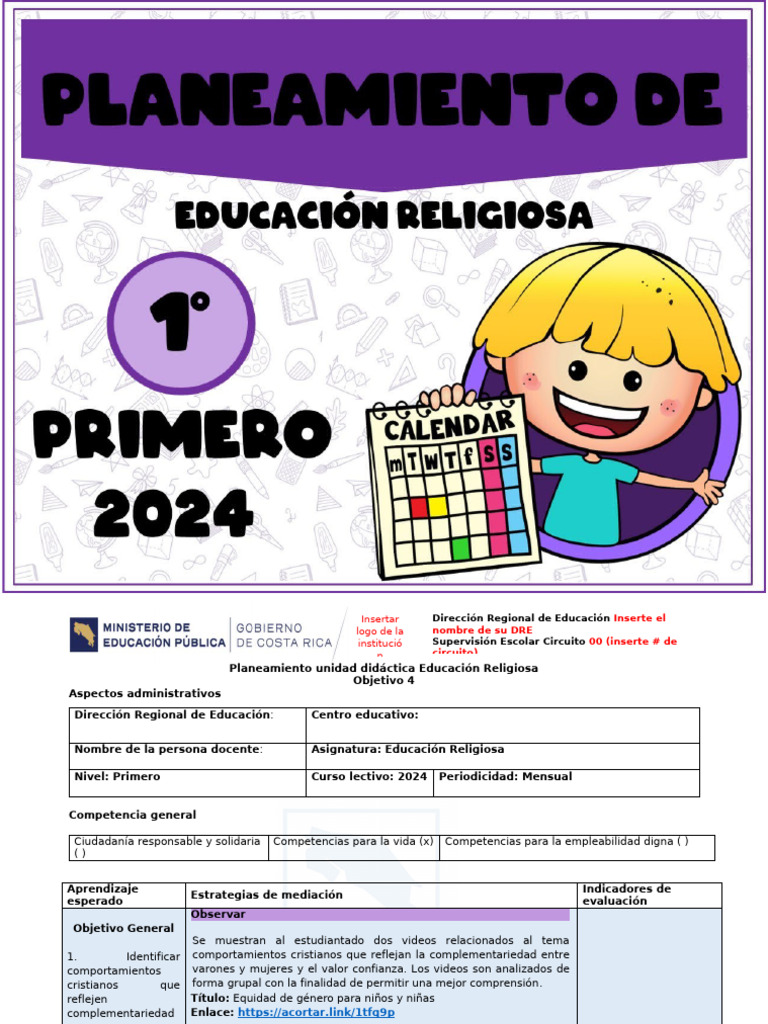 1° Plan de Religión - Objetivo 4 | PDF | Escuelas | Aprendizaje