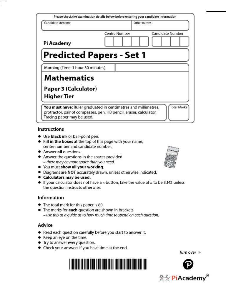 SET 1 GCSE Higher Calculator Maths Predicted Paper 3 Het | PDF