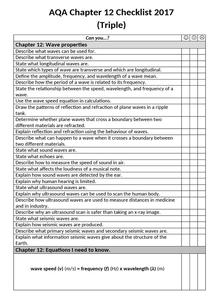 AQA Chapter 12 Checklist (Triple) Wave Properties | PDF | Waves | Frequency