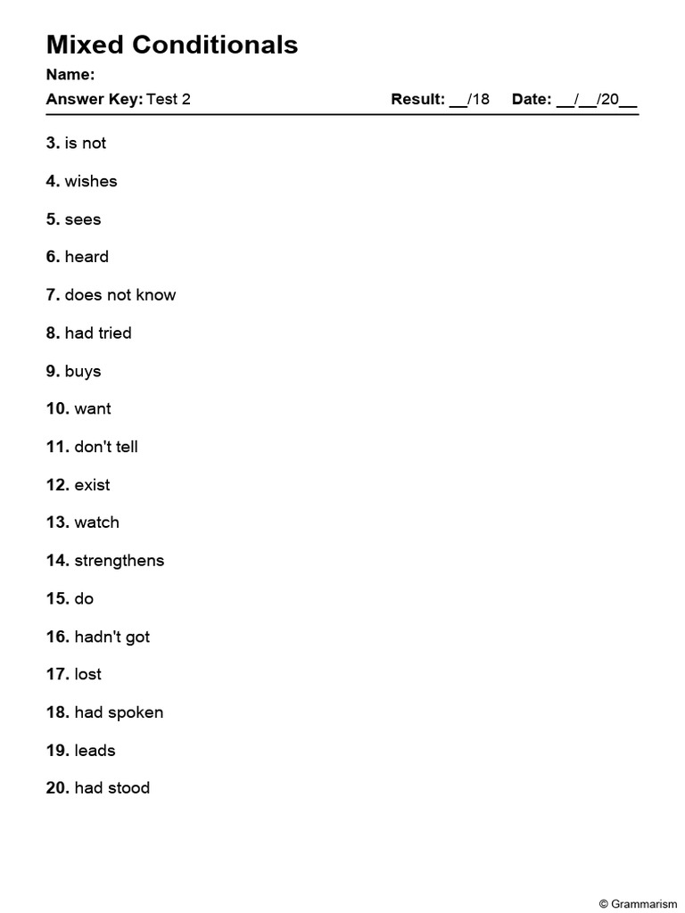 Grammarism Mixed Conditionals Test 2 Answers 2021995 | PDF