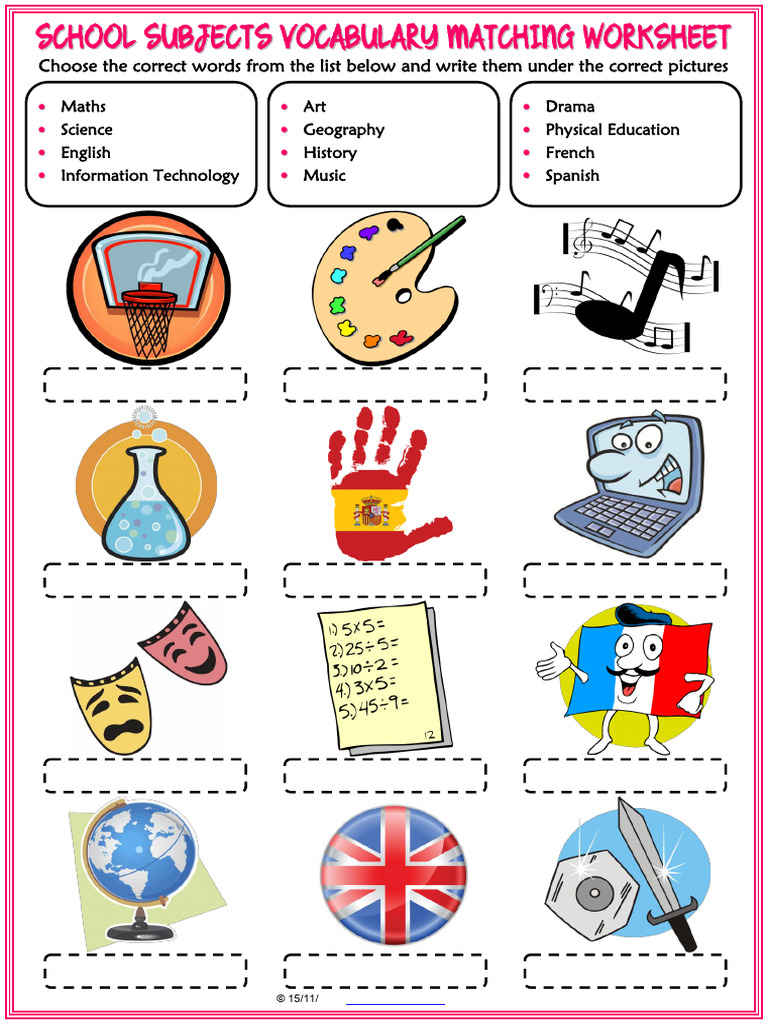 School Subjects Vocabulary Esl Matching Exercise Worksheet For Kids | PDF