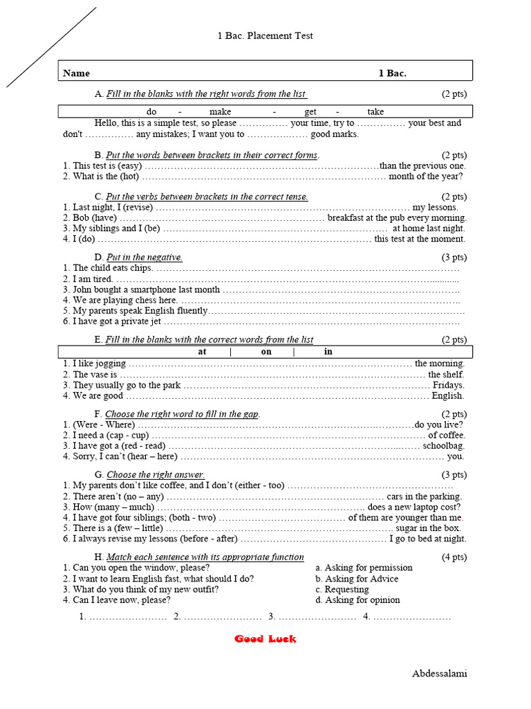 1 Bac Placement Test 24 25 | PDF | Linguistics | Syntax