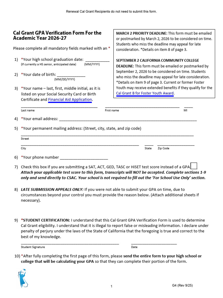 G4 Cal Grant GPA Verification Form 2026.27 | PDF