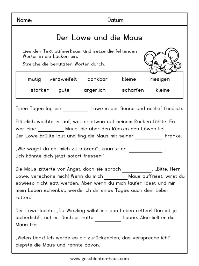 Lueckentext Arbeitsblatt Grundschule Der Loewe Und Die Maus | PDF