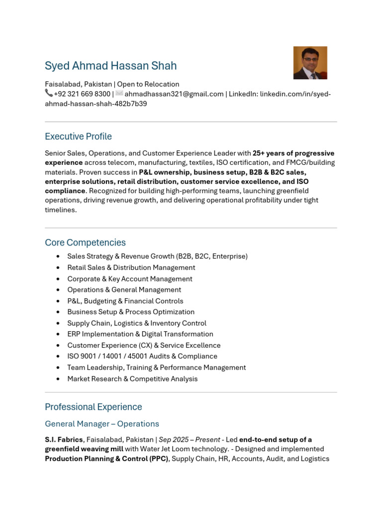CV - Syed Ahmad Hassan Shah 2026 | PDF | Retail | Business Economics