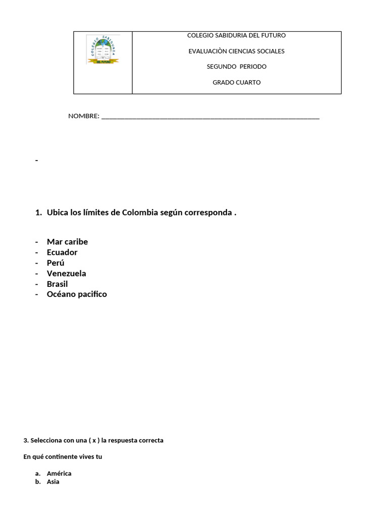 Evaluacion Grado Cuarto Sociales 4 (2) | PDF