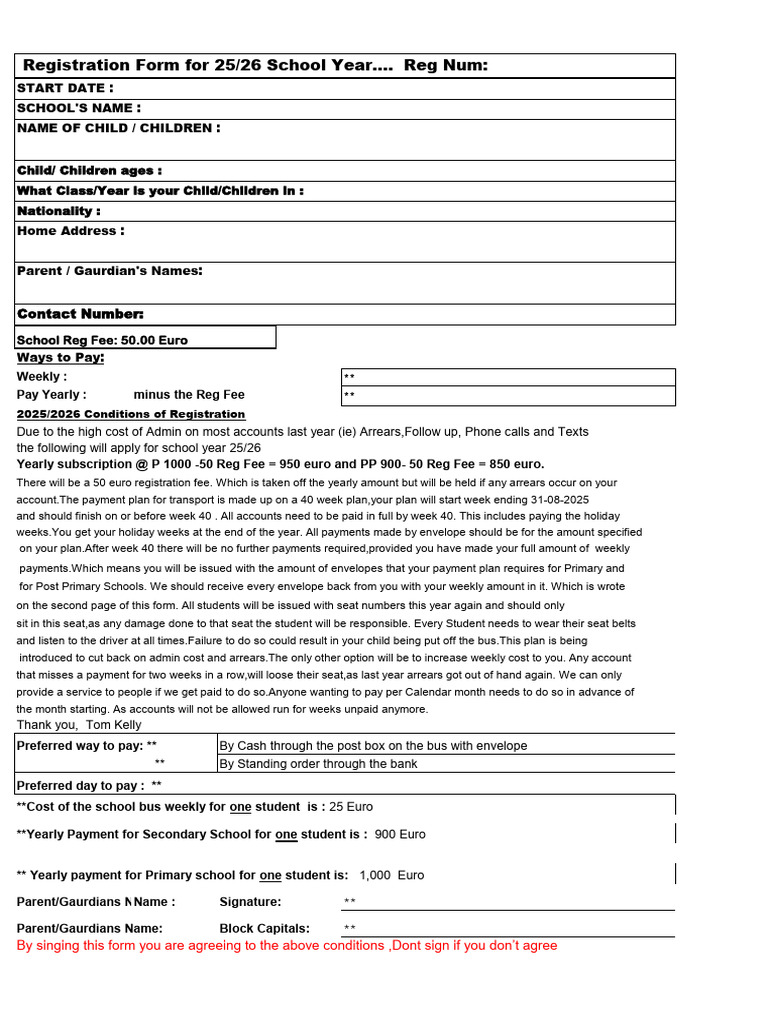 School Reg Form Template 25-26 Page 1 | PDF | Fee