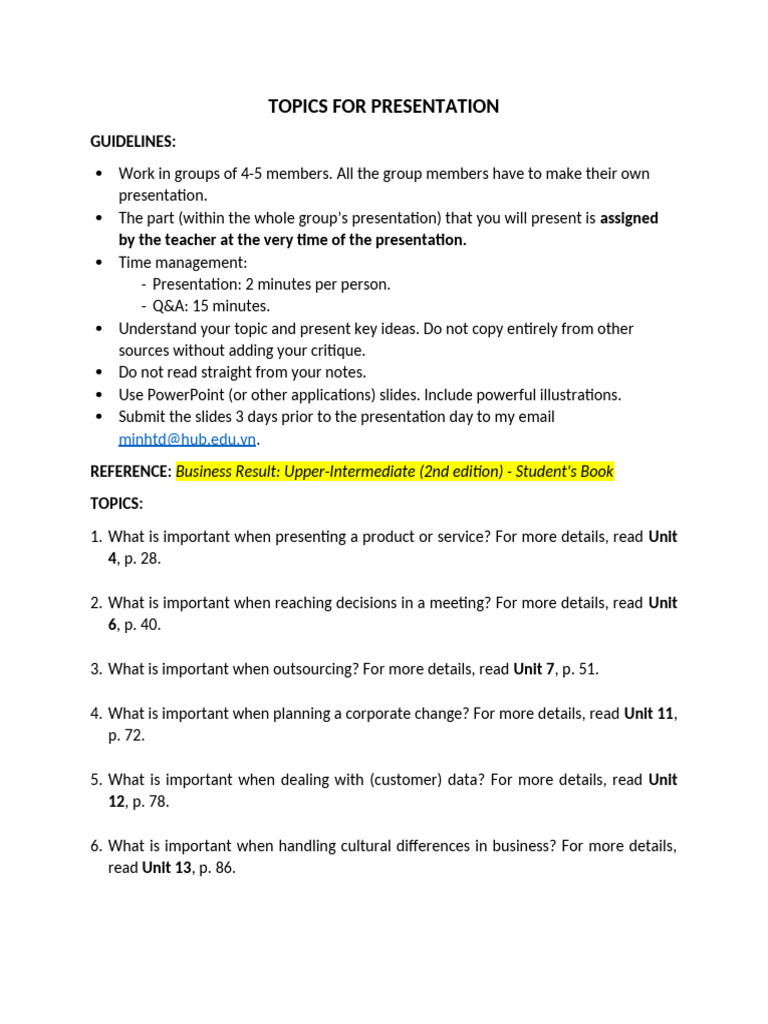 Listening-Speaking 3 - Topics For Presentation | PDF