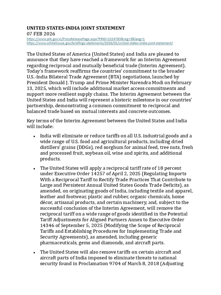 US India Joint Statement | PDF | Market Access | Tariff
