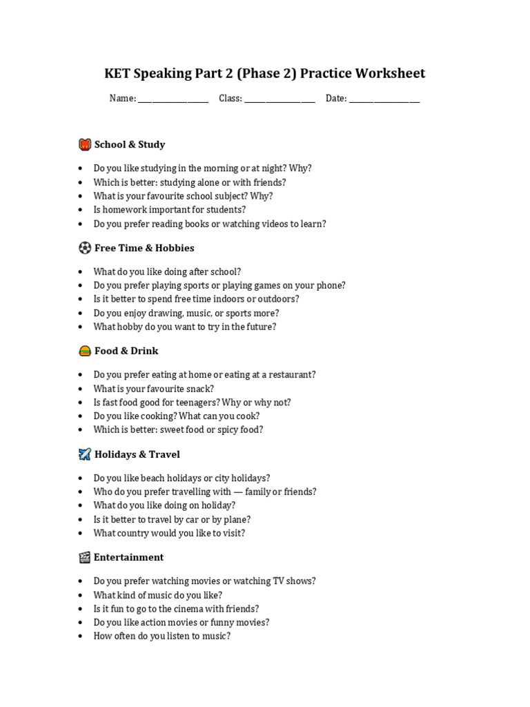 KET Speaking Part2 Practice Worksheet | PDF