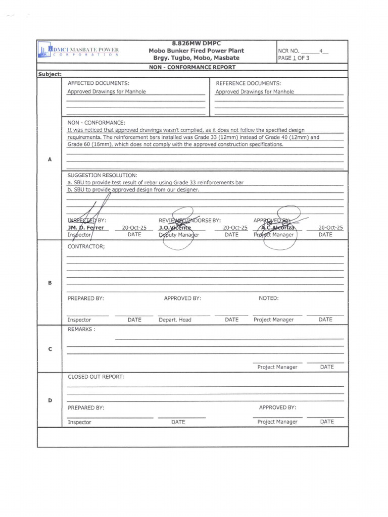 Non-Conformance Report 04 Reinforcement Bars Installed Was Grade 33 ...