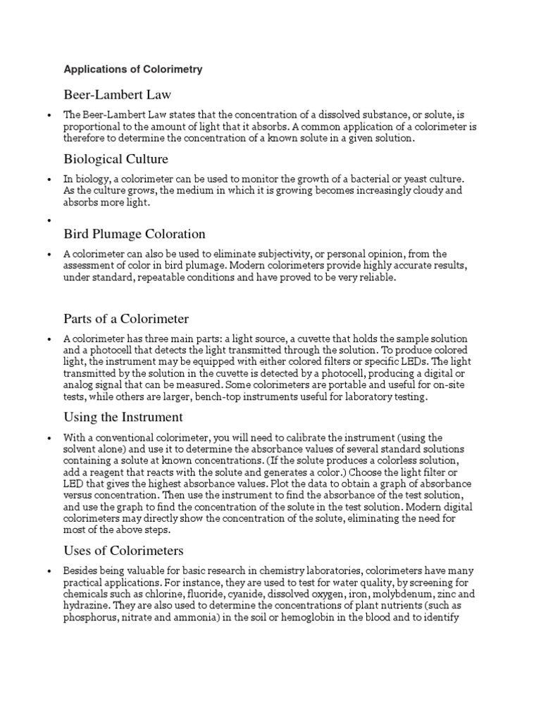 Applications of Colorimetry PDF Spectrophotometry Absorbance