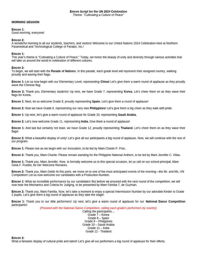 Emcee Script For The UN 2024 Celebration | PDF | Ceremonies