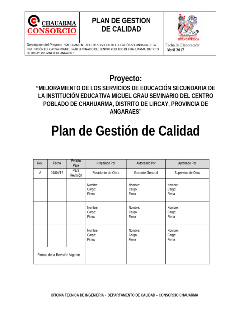 Plan de Calidad | PDF | Calidad (comercial) | Sistema de manejo de calidad