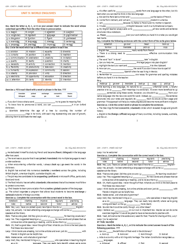 Gs9.unit 9. Phieu BT | PDF | English Language | Multilingualism