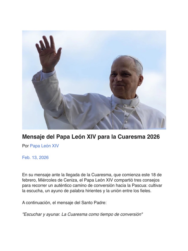 Mensaje Del Papa León XIV para La Cuaresma 2026 | PDF | Prestado