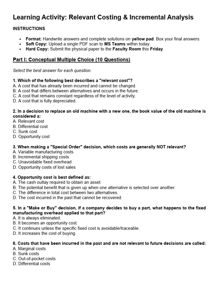 Learning Activity Relevant Costing | PDF | Opportunity Cost | Cost