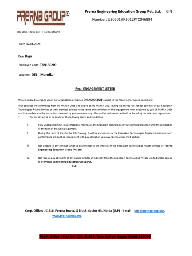 Appointment Letter Raju Trn130209 | PDF | Contractual Term | Employment