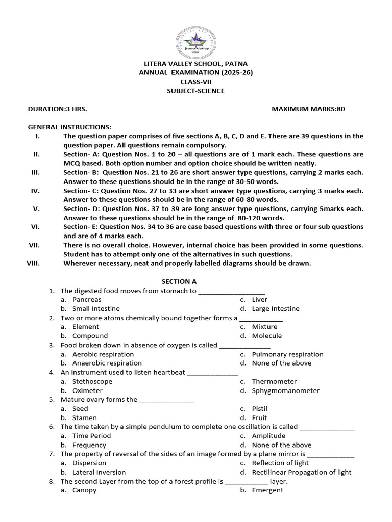 Class 7 Science Sample Paper | PDF | Small Intestine